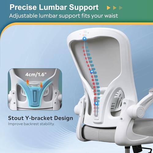 DEVAISE Office Chair Ergonomic Computer Desk Chair with Flip-up Armrests, Comfy Mesh with Adjustable Lumbar Support, White DEVAISE