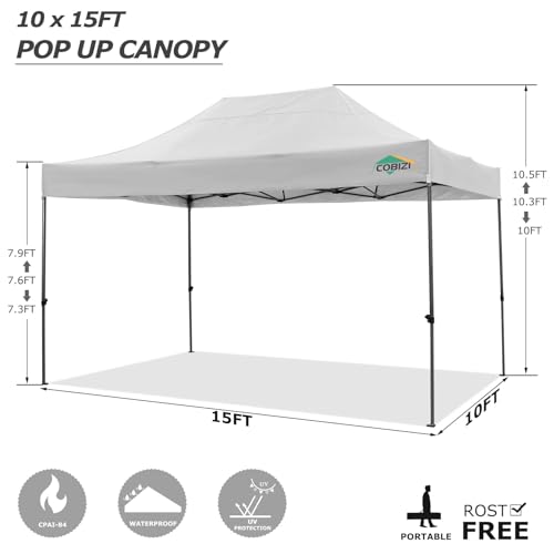 COBIZI 10x15 Pop Up Canopy with 4 Sidewall,Heavy Duty Canopy UPF 50+ All Season Wind Waterproof Commercial Outdoor Wedding Party Tents for Parties Gazebo with Carry Bag(10 x 15 ft White) COBIZI