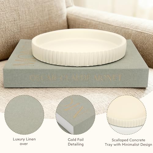 Decorative Concrete Tray & Book Set - Modern Scalloped Home Decor Tray & Linen Storage Box for Coffee Table, Bookshelf, Entryway, Console, Living Room, Housewarming Gift (White) Burutta