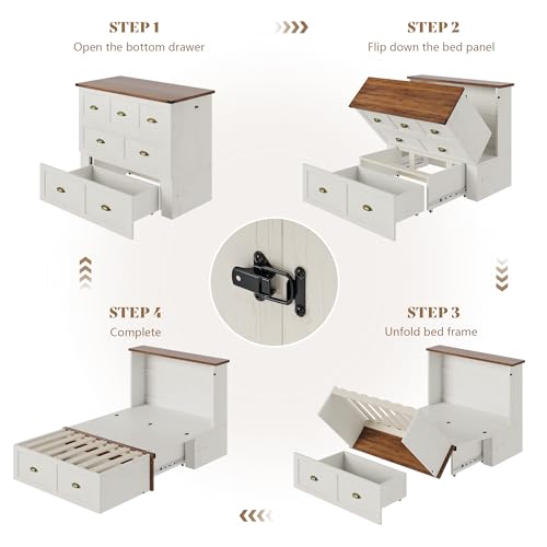 AMERLIFE Twin Size Murphy Bed, Farmhouse Wooden Cabinet with Charging Station and Storage Drawer for Bedroom/Office/Guest Room, White+Barnwood AMERLIFE