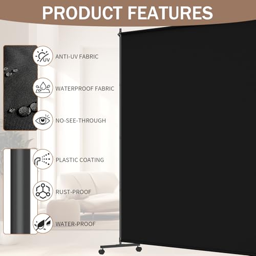 VAMFUTRE Single Panel Room Divider/Privacy Screen with Caster Wheels and Brakes - Stylish and Versatile Partition for Home,Office,School and Restauran (Black, 6FT*6FT) VAMFUTRE