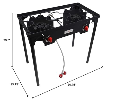Gas One Propane Double Burner Two Burner Camp Stove Outdoor High Pressure Propane 2 Burner Adjustable PSI Regulator and 4ft Steel Braided Hose With Removable Legs Gas One