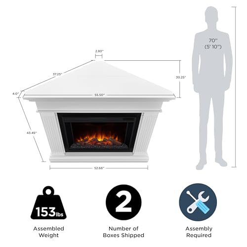 Real Flame Kennedy Grand Corner Electric Fireplace with Mantel for Living Room or Bedroom, Replaceable Fireplace Insert Heater, Realistic Log and Flame Effect, Remote Control, Timer, White Real Flame