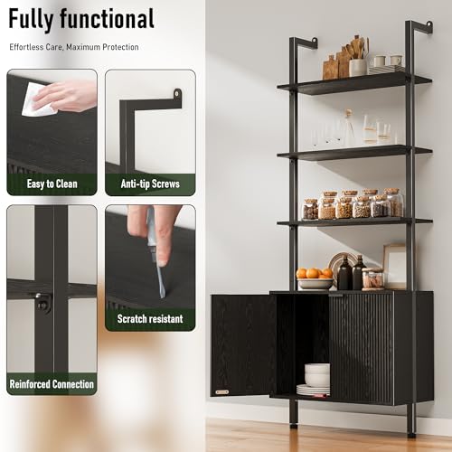 INNOD 74" Tall Bookshelf with Storage Cabinet, Modern Ladder Shelf with Wood and Metal Frame, Wall Mount Bookcase Open Display Shelf Furniture for Living Room, Bedroom, Home Office,Black INNOD
