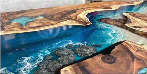 Exquisite Ocean Blue Epoxy Resin Dining Table Coffee Table with Rock and Stone Console Table Side/End Table Living Room Coastal Table Bar Counter Table Home Décor (30" Inches Tall, 60 x 36 Inches) TUZECH