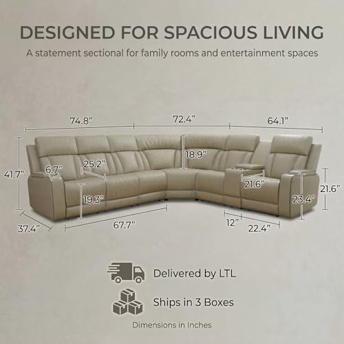 GzhAyyQ Power Reclining Sectional Sofa, Beige Breathing Leather Recliner Couch with LED Light, Cup Holders, Storage Console, Wireless Charging, USB & Type-C for Living Room Home Theater