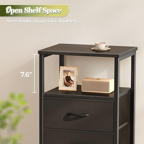 Huuger Night Stand Set of 2, Nightstand with 2 Drawers, Bed Side Table with Open Shelf, Wooden Top, End Table, Fabric Drawer, for Bedroom, Black Huuger