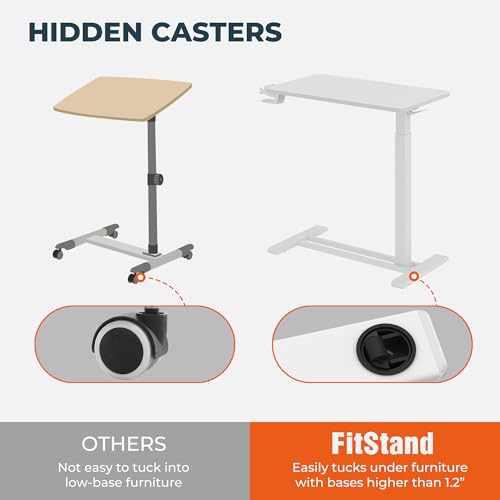 FitStand Medical Overbed Adjustable Bedside Table with Hidden Casters, Mobile Pneumatic Rolling Laptop Standing Desk with Tray for Home & Hospital Use, White Table Top + White Edging FitStand