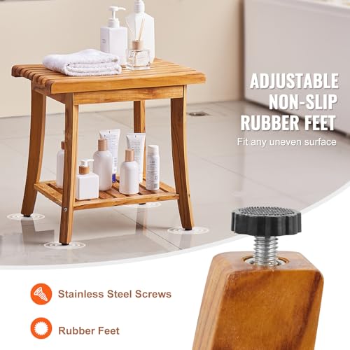 VEVOR Teak Shower Bench, 20in Waterproof Wood Shower Stool with Storage Shelf Non-Slip Foot Pads, 400 lbs Load Capacity Shower Chair Seat, for Bathroom Indoor and Outdoor Use VEVOR