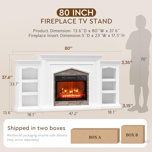 LGHM 80" Fireplace TV Stand for TVs Up to 90 Inch, Electric Fireplace with Mantel, Modern Entertainment Center with Storage, Realistic Stacked Stone Surround and 3D Flame Effect for Living Room LGHM