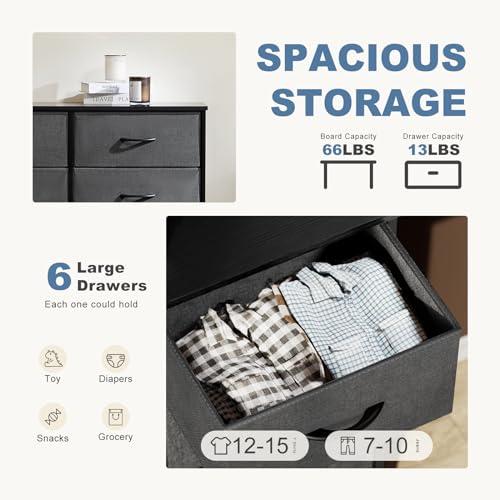 DUMOS TV Stand for Living Room, Dresser for Bedroom Chest of Dresser with 6 Fabric Drawers Storage Organizers Units, Nightstand for Bed DUMOS