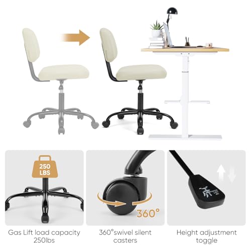 DUMOS Small Armless Home Desk Executive Chair with Low Back Lumbar Support, Height Adjustable PU Leather Computer Office Chair with 360° Swivel Wheels for Kids and Adults, Beige DUMOS