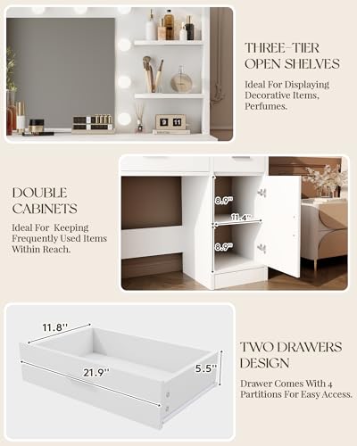 LIVELYGLOW Vanity Desk with Mirror and Lights, Makeup Vanity with Drawer & Storage Shelves, Cabinet, 3 Lighting Modes Adjustable Brightness, Bedroom Dressing Table, White LIVELYGLOW