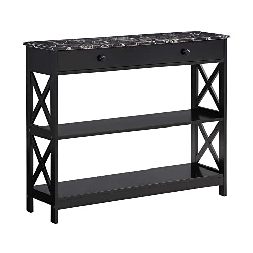 Convenience Concepts Oxford 1 Drawer Console Table with Shelves, Black Faux Marble/Black Convenience Concepts