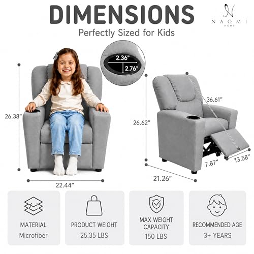 Naomi Home Suri Kids Recliner Chair with Cup Holder & Footrest, Built to Grow with 150 lbs Capacity, Solid Hardwood Frame, and 3 Recline Positions for Toddlers & Children, Gray,Microfiber