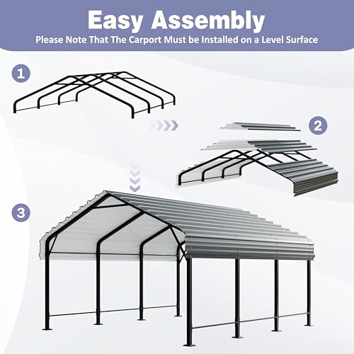 JY QAQA 12 x 15 FT Metal Carport Kits with Galvanized Steel Roof, Heavy Duty Metal Carport Canopy, Outdoor Car Tent Garage Shelter for Car, SUV, Truck and Boats JY QAQA PET