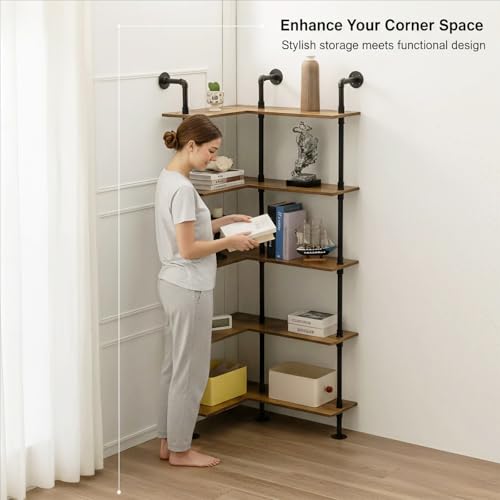 DOFURNILIM Industrial Pipe Corner Bookshelf, Wall Wooden Bookcase with Open Shelves, L Shaped Ladder Pipe Pantry Shelving for Living Room, Bedroom, Home, Office, 5 Tiers DOFURNILIM