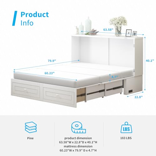 Mjkone Queen Murphy Bed Cabinet, Murphy Beds with USB Charging Station, Modern Cabinet Bed with Drawers & Tri-Folding Mattress, Cube Chest Cabinets Wall Beds for Home Apartment, White Mjkone