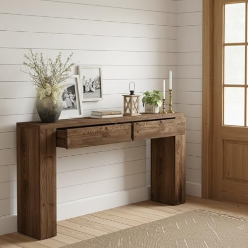 LITTLE TREE Solid Wood 63 Inches Console Table with 2 Drawers, Vintage Brown Sofa Table Behind Couch for Living Room, Long Hallway Foyer Entryway Table for Entrance LITTLE TREE
