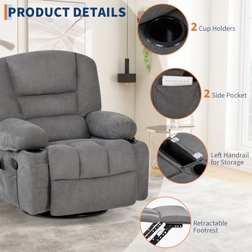 Massage Recliner Chair for Living Room, Chenille Rocker Recliner Chair for Adults with Vibration Massage and Heat, Adjustable Home Theater Seating for Living Room, Bedroom, 360° Swivel, Grey