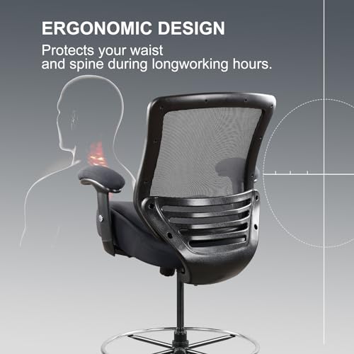 WITTLONG 400lbs Wide Mid-Back Office Drafting Chair with Extra Seat Cushion for High Standing Desk with Lumbar Support and Enlarged Adjustable Footring(Gray) WITTLONG