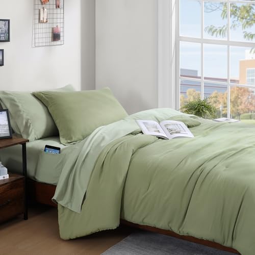 WRENSONGE Twin Comforter Set- 5 Pieces Sage Green Bed in a Bag, All Season Twin XL Bedding Sets with 1 Fitted Sheet, 1 Flat Sheet, 1 Pillow Sham and 1 Pillowcase WRENSONGE