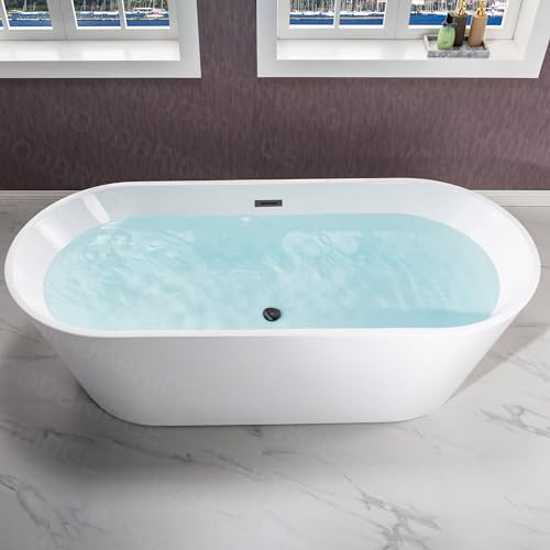 WOODBRIDGE 71" Acrylic Freestanding Bathtub Contemporary Soaking White Tub with Matte Black Overflow and Drain,White,B1701 MB WOODBRIDGE