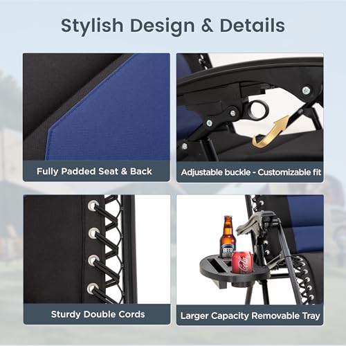 PHI VILLA Zero Gravity Chair Set of 2, Padded Anti Gravity Recliner, Oversized 28" Wide Seat, Foldable Patio Lounger with Armrest & Cup Holder, Supports 400 LBS (Blue Black) PHI VILLA