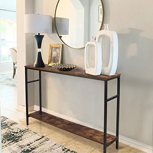 Timberer Rustic Brown Narrow Console Table with Adjustable Shelf - 47 Inch Multifunctional 2-Tier Hallway & Living Room Table Timberer