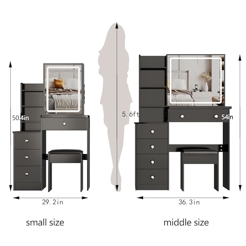 Montary 29.2" Small Size Vanity Desk Set with Plush Cushioned Stool - Sliding Mirror with Adjustable LED Light, Drawers, Multi-Layer & Hidden Storage,Practical & Stylish, Black Montary