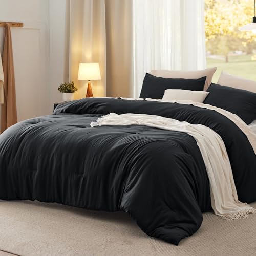 Bedsure King Comforter Set, Black Soft Prewashed Bedding for All Seasons, 3 Pieces GentleSoft™ Bed Set, 1 Lightweight Comforter (104"x90") and 2 Pillowcases (20"x36") Bedsure