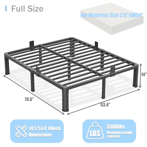 Yitong Angel 14 inch Full Size Bed Frame with Round Corner Legs Mattress Slide Stopper,3500 lbs Heavy Duty Metal Platform,Steel Slat Support,No Box Spring Needed,Easy Assembly,Noise Free Yitong Angel