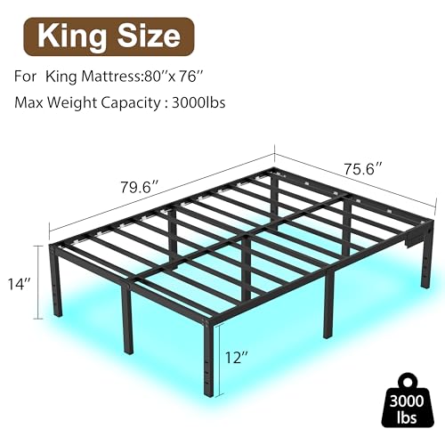 HusDream King Size Bed Frame King Platform Bed Frame with LED Lights 14 Inch Tall Mattress Base No Box Spring Needed Modern Beds with Charger Station,Anti-Sliding,Noisy Free (14 Inch, King) HusDream