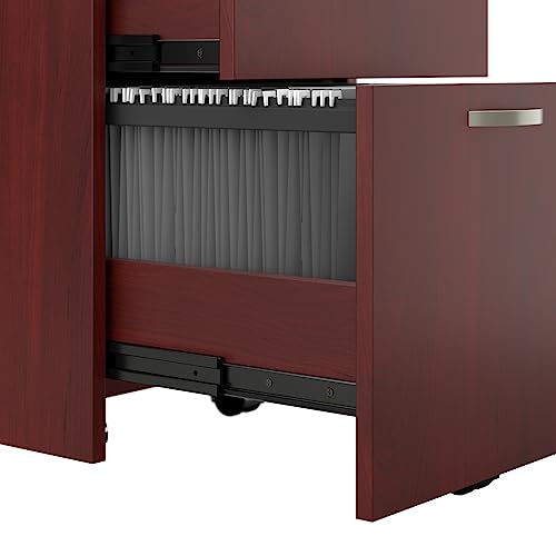 Bush Business Furniture Office in an Hour 3 Person L Shaped Cubicle Desks with Storage, Drawers, and Organizers in Hansen Cherry | Triple Workstation Set with Privacy Panels for Commercial Workspace Bush Business Furniture