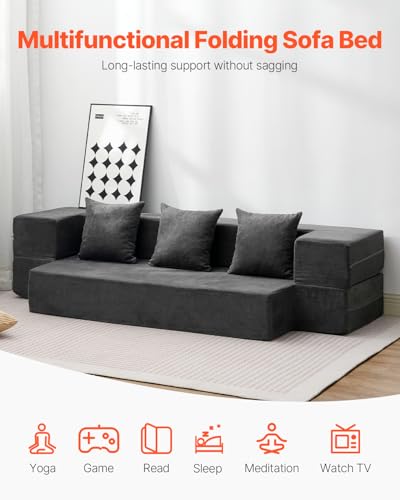VEVOR Folding Sofa Bed, 3-in-1 Foldable Couch Bed with 3 Pillows and Washable Cover, 25D High Density Memory Foam Convertible Sleeper Chair Bed, Futon Couch for Living Room, Bedroom, Dark Grey(Twin) VEVOR