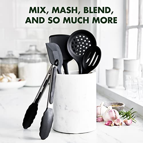 GreenPan 5 Piece Cooking Utensil Set, Flexible Nonstick Silicone, Stain-Free, Tongs, Turner, Spatula, Skimmer, and Slotted Spoon, Black GreenPan