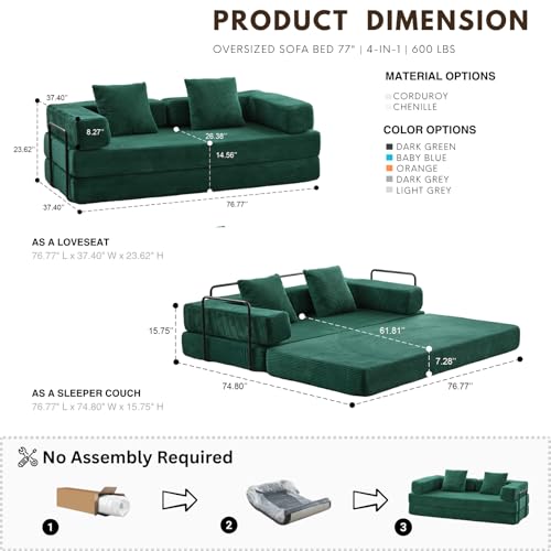 Alpen 77" Futon Sofa, Floor Foldable Sofa Couch Bed Queen with L-Shaped Armrests, Futon Bed with Mattress Included, Fold Out Comfy Lounge for Living Room Bedroom, Dark Green Alpen