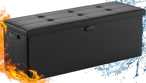 DocSafe Storage Ottoman Bench,Fireproof&Waterproof Folding Bench with Lock(15”x 43”x15”),Leather Storage Chest with Handles&2 Extra Boxes,Ottoman Safe for Bedroom,Living Room,Home Office,Black DocSafe