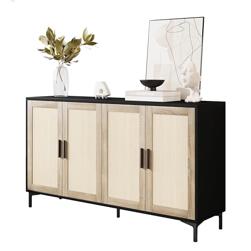 JASIWAY Sideboard - Buffet Cabinet with Storage, Rattan Kitchen Buffet Cabinet Accent Sideboard Cabinets with Doors, Coffee Bar Cabinets Rattan Sideboards for Living Room, Entryway, Black JASIWAY