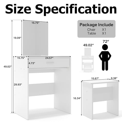 NAIYUFA Vanity Desk,Small Vanity with Storage Drawer & Chair,Makeup Vanity Desk with Mirror,Modern Vanity Table Set for Bedroom Small Space,White NAIYUFA