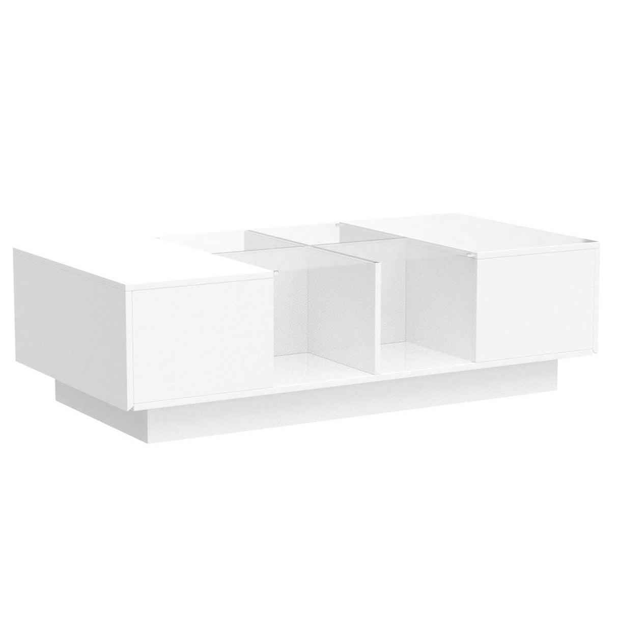 ECACAD Modern LED Coffee Table with Drawers & Open Compartments, Rectangle Coffee Center Table with Glass Top for Living Room, Bedroom, White (47.4" W x 23.6" D x 13.9" H) ECACAD