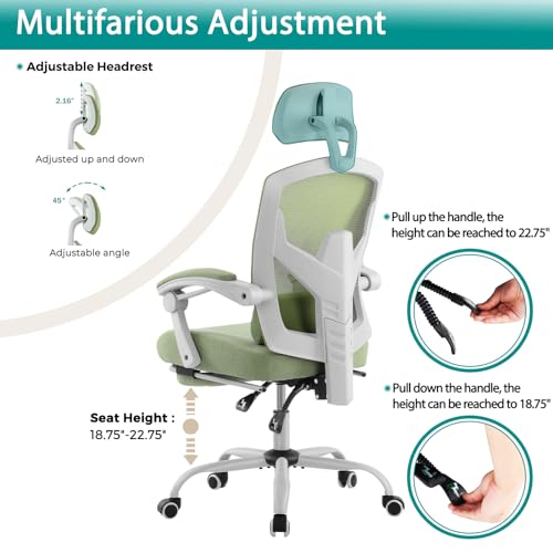 DUMOS Office Desk Chair with Footrest Ergonomic Gaming Chair for Adults Computer Mesh, Lumbar Support,Swivel Reclining with Headrest, Comfy Armrest for Home, Office, Work, Study, Light Green DUMOS