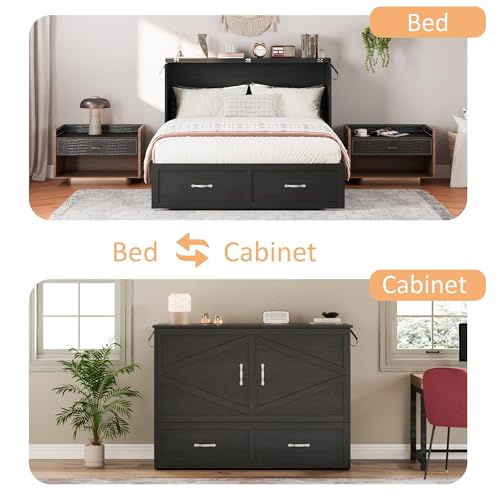 Harpaq Full Size Murphy Bed, Full Size Cabinet Bed Frame with Storage Drawer, Farmhouse Wooden Cabinet for Bedroom/Office/Guest Room, Black+Barnwood Harpaq