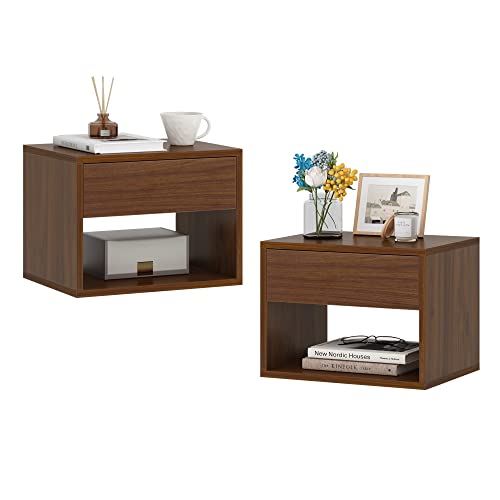 JAXPETY Nightstands Set of 2, Night Stand with Drawer, Floating Nightstand with Open Storage Shelf, Wall Mounted Wood Bedside Tables, End Table, Side Table, for Bedroom, Brown Walnut JAXPETY