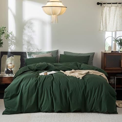 FOSSA Duvet Cove Set 100% Washed Cotton Linen Feel Super Soft Breathable Cozy 3 Pieces Bedding Sets Solid Forest Green Twin FOSSA