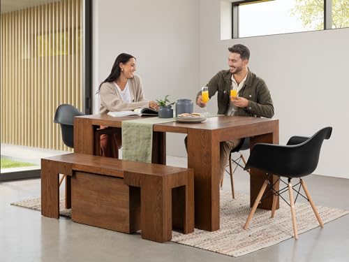 Transformer Table Dining Table Set for 4 to 12, Extendable Wood Dining Table 1 to 10 feet with Extendable Bench - Space Saving Furniture Wood (Brown, Table + Bench) Transformer Table