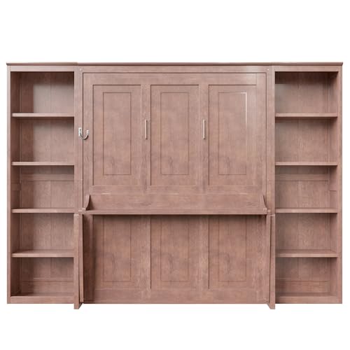 SOFTSEA Queen Murphy Bed with Desk and Storage, Wood Foldable Wall Bed Frame with Bookcase Shelves, Hidden Wall Bed Cabinet for Adult, Guest Room, Dark Brown SOFTSEA