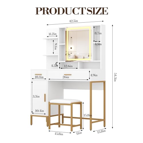 IDEALHOUSE Vanity Desk with Mirror and Lights, 42.5" Makeup Vanity Set with Stool, Makeup Table with Mirror Cabinet and Chair, Drawers & Shelves, Dressing Table with Outlet for Bedroom, White IDEALHOUSE