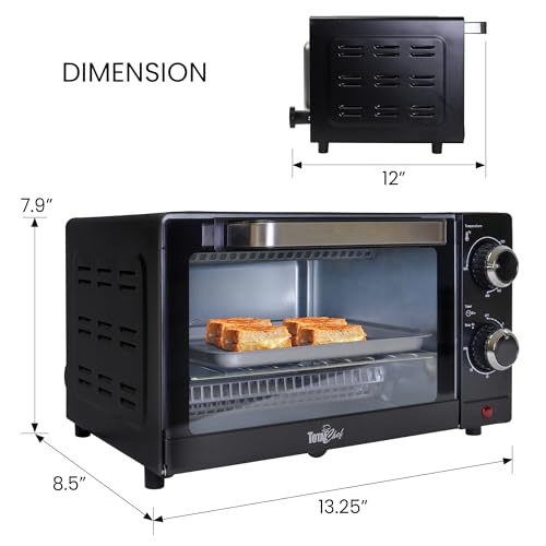 Total Chef Toaster Oven 4 Slice Small Compact Kitchen Appliance Pizza Bake Toast Rost Broil Bread Toaster Auto Shutoff timer Crumble Tray Natural Convection Countertop Black Stainless Steel Koolatron