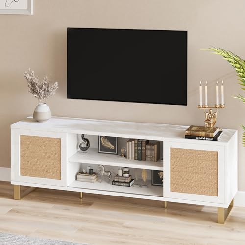IDEALHOUSE Rattan TV Stand 66 Inch, White Entertainment Center Modern TV Console Table with Storage, Doors and Shelves, Media Cabinet Furniture for Living Room Bedroom IDEALHOUSE